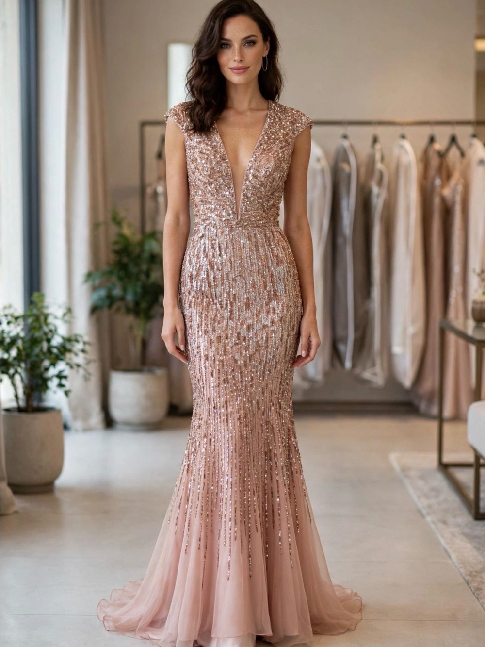 Sherri Hill Blush Sequin V-Neck Prom Gown